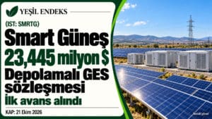 Smart Güneş’in 23,445 milyon dolarlık depolamalı GES sözleşmesini anlatan Yeşil Endeks görseli.