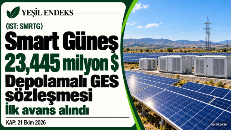 Smart Güneş’in 23,445 milyon dolarlık depolamalı GES sözleşmesini anlatan Yeşil Endeks görseli.