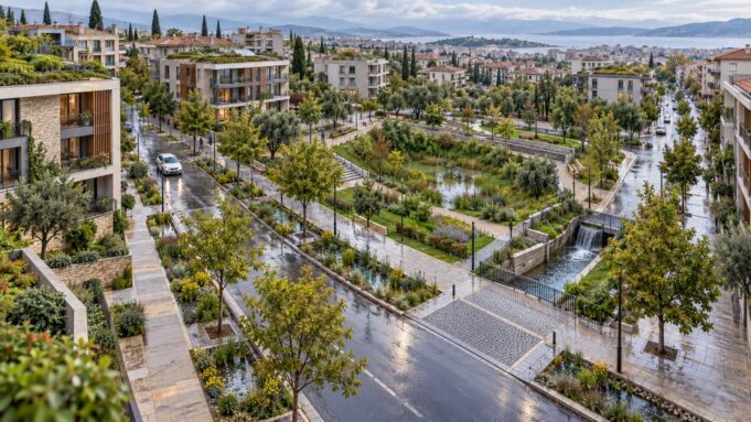 Sünger şehir — yağmur suyunu yerinde tutan temsili mahalle Yağmur bahçeleri, geçirgen kaldırımlar ve yeşil çatılarla yağmur suyunu yerinde tutan temsili bir kent mahallesi
