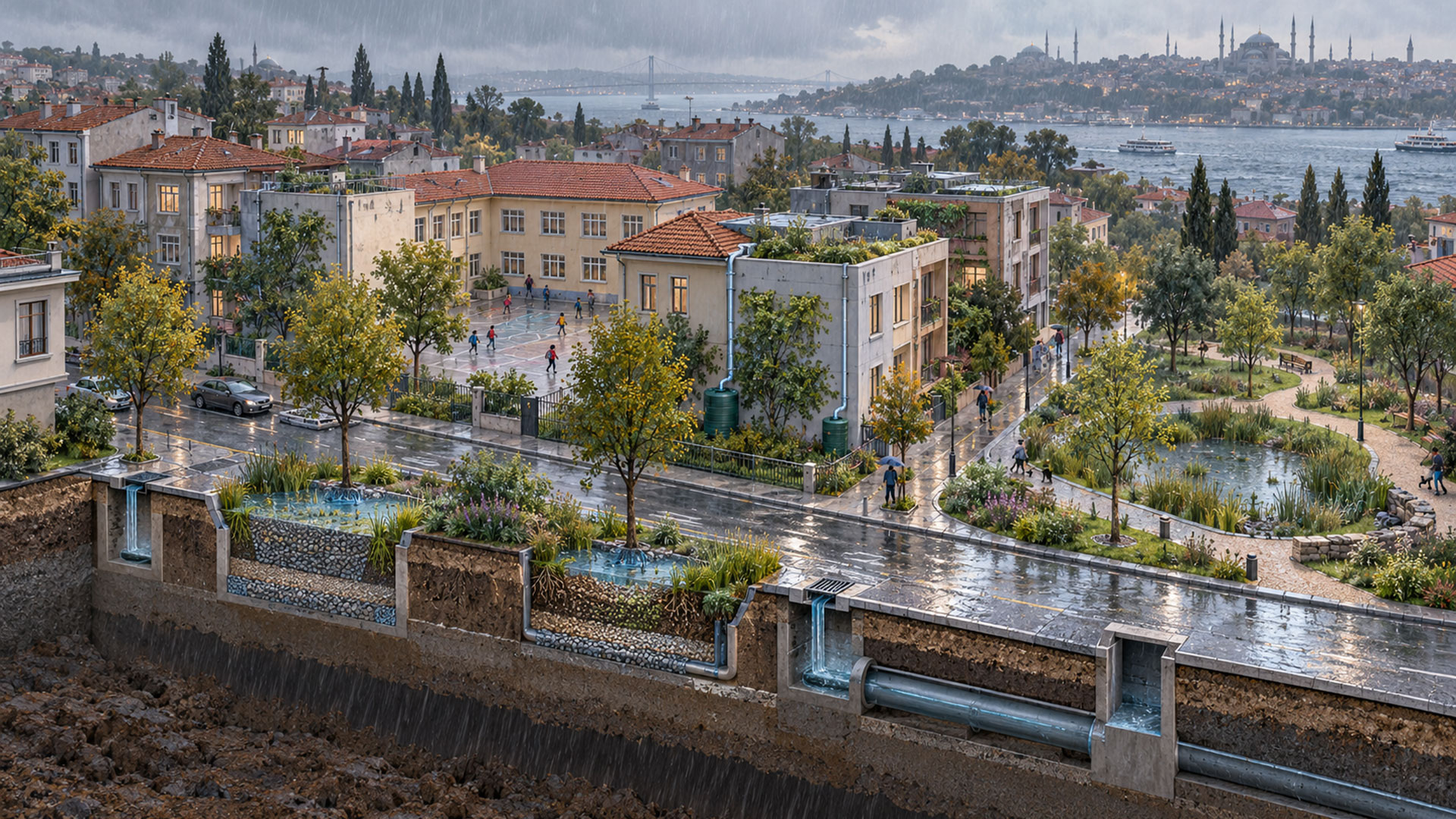 İstanbul esintili bir mahallede çatı suyu depoları, yağmur bahçeleri, park ve yeraltı drenajının kesitli görünümü.