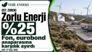 Zorlu Enerji eurobondu için Tacirler Portföy’ün yüzde 25 anapara karşılığını gösteren Yeşil Endeks kartı, yanında jeotermal ve rüzgar santrali görseli