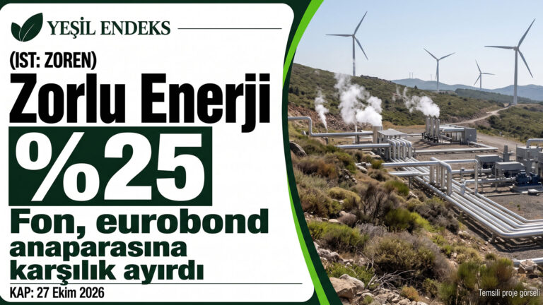 Tacirler Portföy, Zorlu Enerji eurobondu için karşılık ayırdı: 23 Ekim kuponu ödenmedi Zorlu Enerji eurobondu için Tacirler Portföy’ün yüzde 25 anapara karşılığını gösteren Yeşil Endeks kartı, yanında jeotermal ve rüzgar santrali görseli