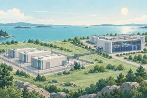 Teksas’ta veri merkezleri için 1,5 GW’lık SMR planı Küçük modüler reaktör tesisi ve veri merkezini temsil eden illüstrasyon.