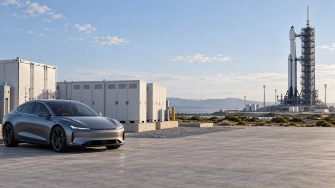 Tesla ve SpaceX olası birleşme — temsili görsel Elektrikli otomobil, batarya depolama tesisi ve roket fırlatma platformunu bir arada gösteren temsili görsel