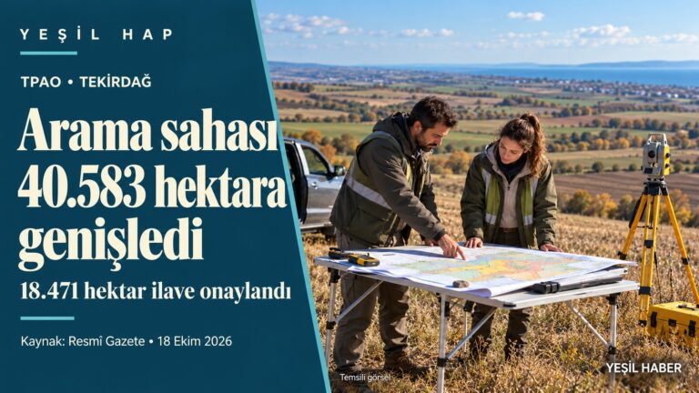 TPAO’nun Tekirdağ petrol arama sahasının 40.583 hektara genişlemesini anlatan, temsili saha ekibi görselli Yeşil Hap kapağı.