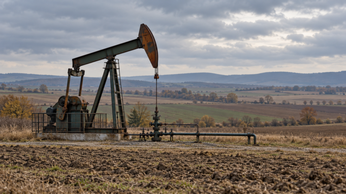 Trakya petrol ruhsatı terk başvurusu — temsili illüstrasyon Petrol işletme ruhsatı terk başvurusunu temsil eden, tarım arazileri içindeki genel bir kara tipi petrol pompası illüstrasyonu.