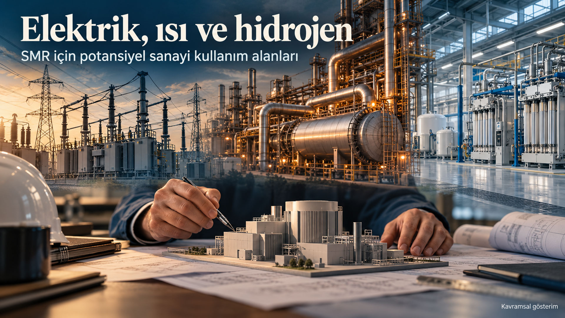SMR teknolojilerinin elektrik, proses ısısı ve hidrojen kullanım potansiyelini anlatan sanayi kolajı.