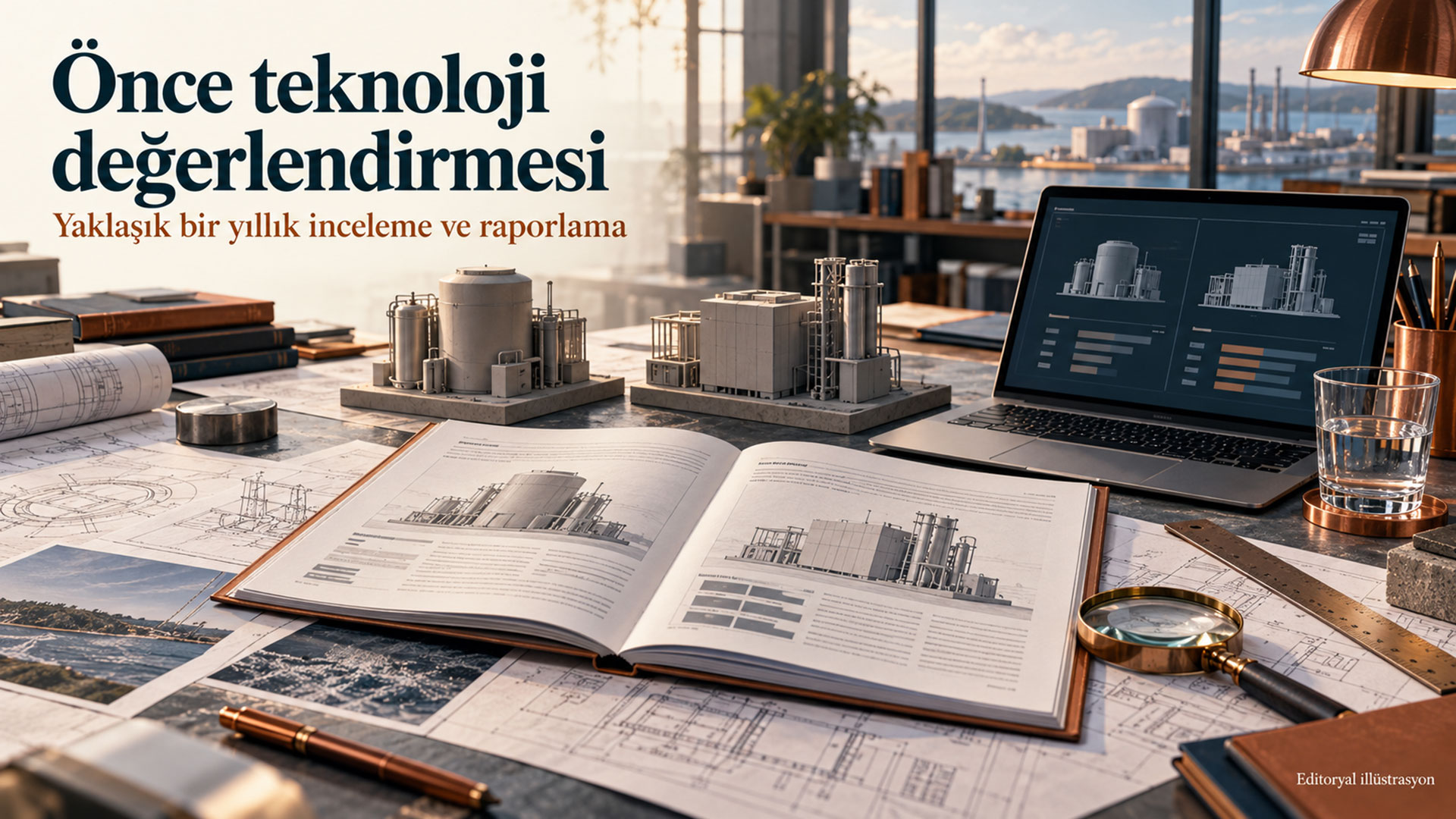 SMR teknoloji seçeneklerinin karşılaştırılmasını temsil eden maketler, teknik belgeler ve bilgisayarlı çalışma masası.