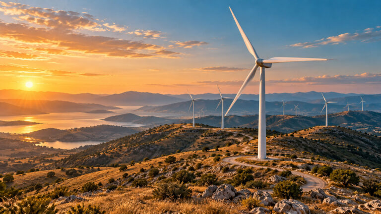 TÜREB: YEKA RES-2026’da tüm sahalarda rekabet var Altın renkli gün ışığında, tepeler boyunca uzanan rüzgar türbinlerinin temsili görünümü.