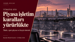 Türkiye ETS piyasa işletim kuralları için bordo panelli Yeşil Pulse kapağı ve sanayi ile elektronik kayıt sistemini temsil eden sahne.