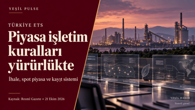 Türkiye ETS piyasasının işletim kuralları yürürlüğe girdi — kapak Türkiye ETS piyasa işletim kuralları için bordo panelli Yeşil Pulse kapağı ve sanayi ile elektronik kayıt sistemini temsil eden sahne.