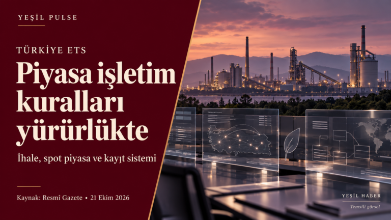 Türkiye ETS piyasa işletim kuralları için bordo panelli Yeşil Pulse kapağı ve sanayi ile elektronik kayıt sistemini temsil eden sahne.