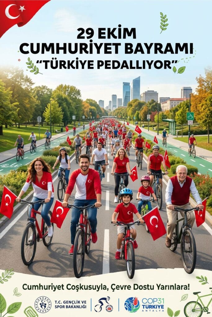 29 Ekim Cumhuriyet Bayramı Türkiye Pedallıyor çağrı afişinde bisiklet süren katılımcıların çizimi.