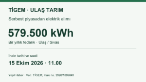 TİGEM Ulaş Tarım’ın 579.500 kWh elektrik alımı ve 15 Ekim 2026 saat 11.00 ihale tarihini gösteren grafik
