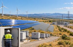 Üretim kısıntısı nedir? 100 MWh ve yüzde 10 hesaplama örneği Güneş panelleri ve rüzgâr türbinlerinin bulunduğu temsili santralde kontrol kabinini inceleyen teknisyen, trafo merkezi ve kente uzanan iletim hattı