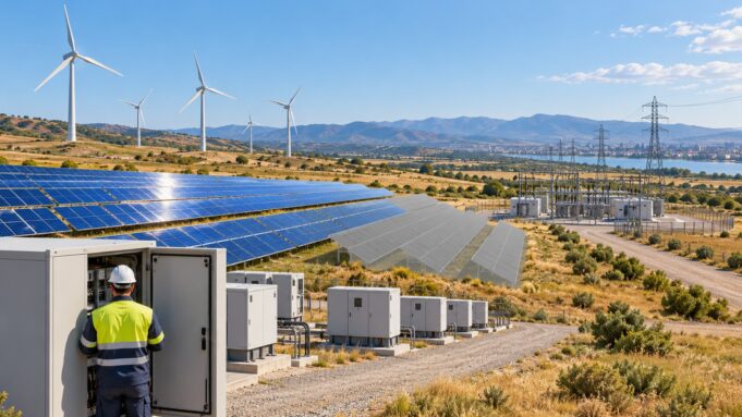 Üretim kısıntısı — temsili güneş ve rüzgâr santrali Güneş panelleri ve rüzgâr türbinlerinin bulunduğu temsili santralde kontrol kabinini inceleyen teknisyen, trafo merkezi ve kente uzanan iletim hattı