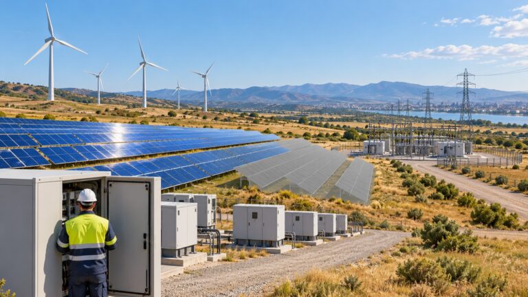 Üretim kısıntısı nedir? 100 MWh ve yüzde 10 hesaplama örneği Güneş panelleri ve rüzgâr türbinlerinin bulunduğu temsili santralde kontrol kabinini inceleyen teknisyen, trafo merkezi ve kente uzanan iletim hattı
