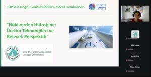 Üsküdar Üniversitesinden COP31 YÖK Pavyonu’na 5 proje ve 13 etkinlik Üsküdar Üniversitesinin COP31’e Doğru seminerinde hidrojen teknolojileri sunumunun çevrim içi ekranı.