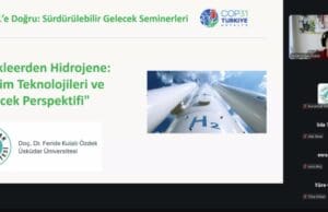 Üsküdar Üniversitesinin COP31’e Doğru seminerinde hidrojen teknolojileri sunumunun çevrim içi ekranı.