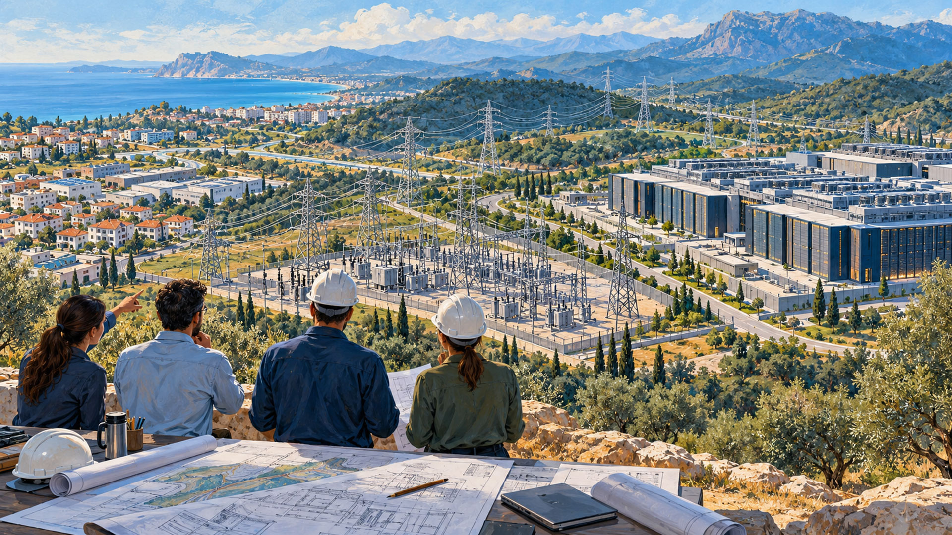 Veri merkezi, trafo merkezi ve yerleşimleri bağlayan elektrik şebekesini planlar üzerinden değerlendiren mühendislerin temsili görünümü.
