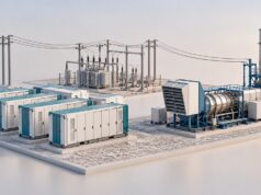 Dört saatlik batarya, 43 pazarda gaz pik santralinden ucuz Batarya depolama kabinleri, genel bir açık çevrim gaz türbini ve şebeke ekipmanlarını gösteren yapay zekâ üretimi temsili maket.