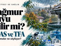 Yağmur suyu içilir mi? PFAS araştırmaları ve İsviçre’de 4 ila 6 kat artan TFA Yağmur suyu içilir mi başlıklı PFAS ve TFA kapağında yağış, su toplama deposu ve laboratuvar örneği.