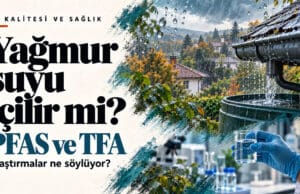 Yağmur suyu içilir mi? PFAS araştırmaları ve İsviçre’de 4 ila 6 kat artan TFA Yağmur suyu içilir mi başlıklı PFAS ve TFA kapağında yağış, su toplama deposu ve laboratuvar örneği.