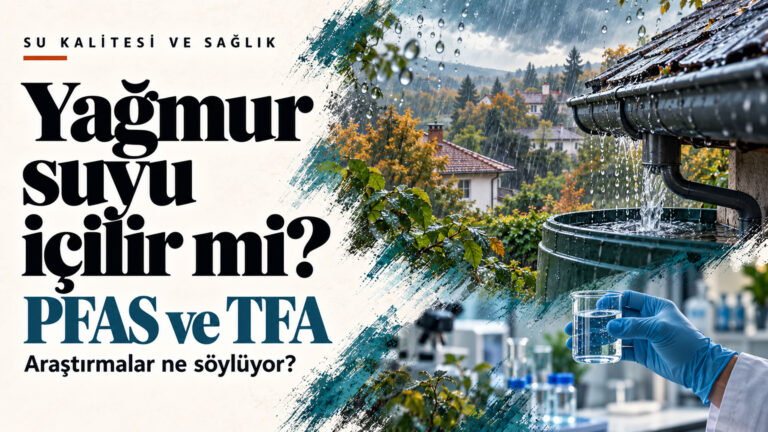 Yağmur suyu içilir mi? PFAS araştırmaları ve İsviçre’de 4 ila 6 kat artan TFA Yağmur suyu içilir mi başlıklı PFAS ve TFA kapağında yağış, su toplama deposu ve laboratuvar örneği.