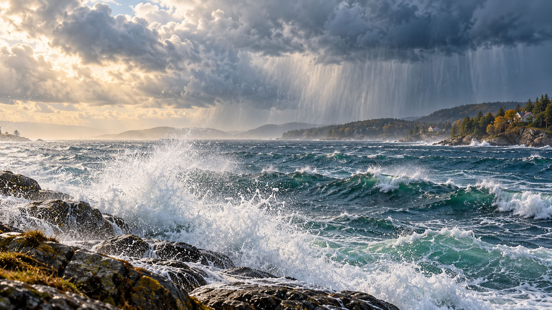 Yağışlı bir kıyıda kayalara çarpan dalgaların oluşturduğu deniz spreyi ve alçak bulutlar.