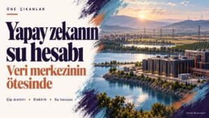 Yapay zekanın su hesabı başlığının yanında su kaynağı, veri merkezi ve elektrik altyapısının temsili görünümü.