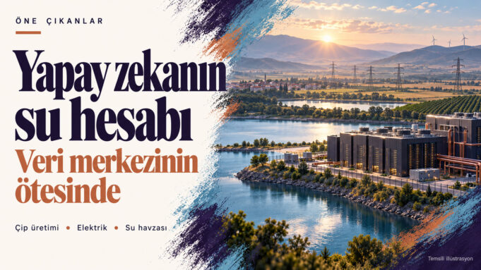 Yapay zekanın su hesabı başlığının yanında su kaynağı, veri merkezi ve elektrik altyapısının temsili görünümü. Yapay zekanın su hesabı başlığının yanında su kaynağı, veri merkezi ve elektrik altyapısının temsili görünümü.