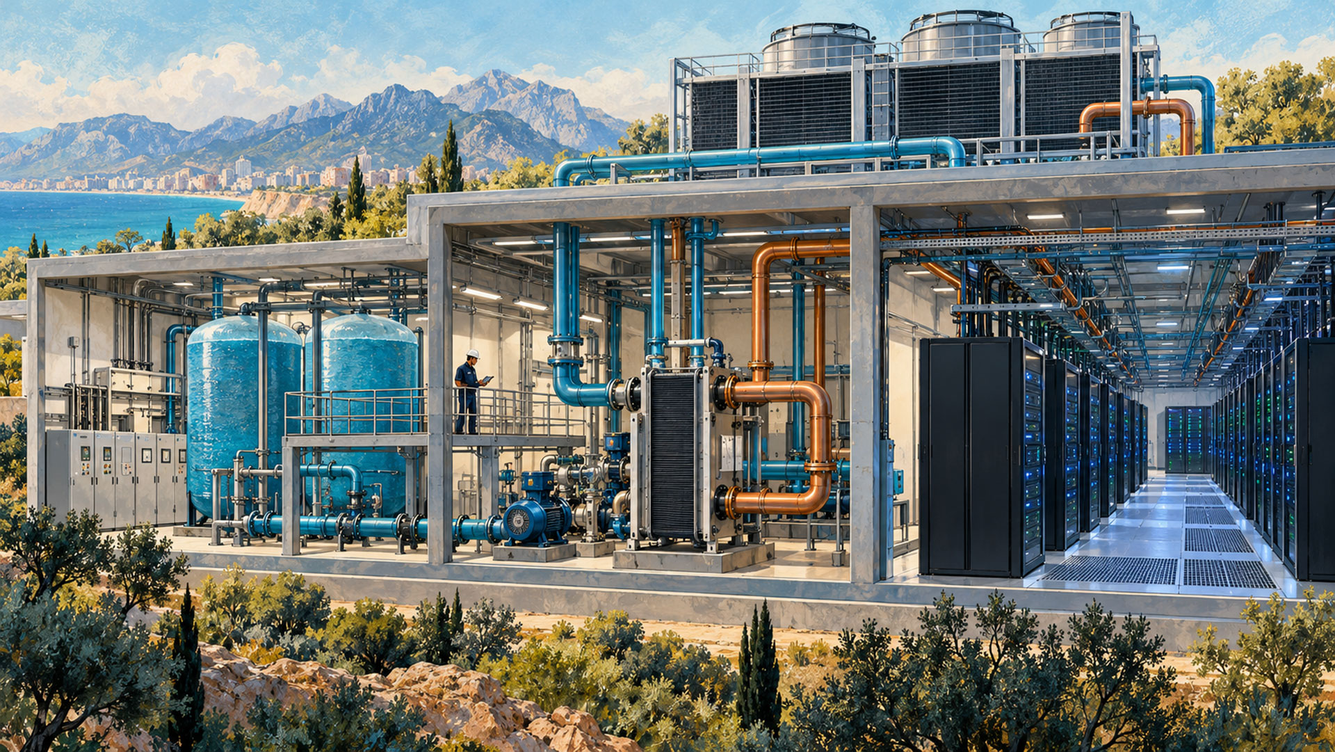 Veri merkezlerinde enerji ve su kullanımını temsil eden sunucu salonu, soğutma boruları ve su tanklarının kesit görünümü.