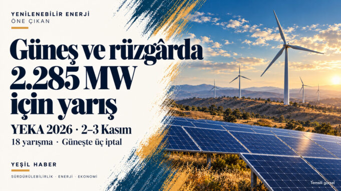 Güneş panelleri ve rüzgar türbinleriyle YEKA 2026 yarışmalarının 2.285 MW kapasitesini vurgulayan kapak görseli. Güneş panelleri ve rüzgar türbinleriyle YEKA 2026 yarışmalarının 2.285 MW kapasitesini vurgulayan kapak görseli.