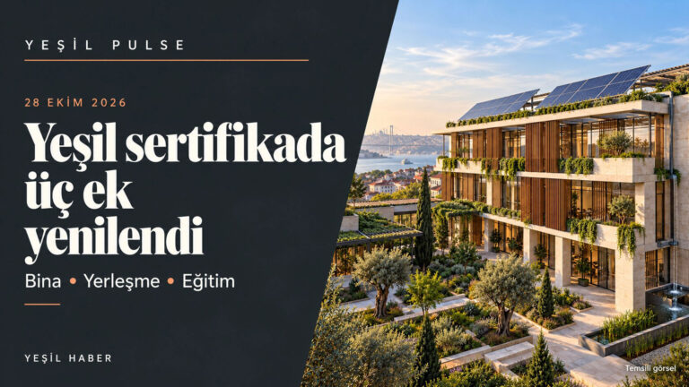 Yeşil sertifikada bina ve yerleşme ekleri yenilendi Yeşil sertifikada üç ekin yenilendiğini duyuran Yeşil Pulse kapağı; sağda güneş panelleri ve yeşil avluyla tasvir edilmiş temsili bina.