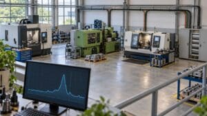 Yük faktörü nedir? 100 kW ve yüzde 50 hesaplama örneği Sanayi atölyesindeki elektrikli üretim makineleri ve ön planda kısa süreli güç zirvesi gösteren etiketsiz tüketim eğrisinin bulunduğu enerji izleme ekranı