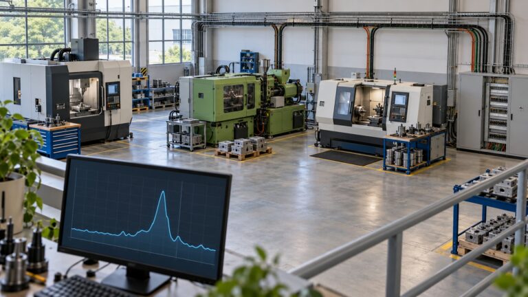 Yük faktörü nedir? 100 kW ve yüzde 50 hesaplama örneği Sanayi atölyesindeki elektrikli üretim makineleri ve ön planda kısa süreli güç zirvesi gösteren etiketsiz tüketim eğrisinin bulunduğu enerji izleme ekranı