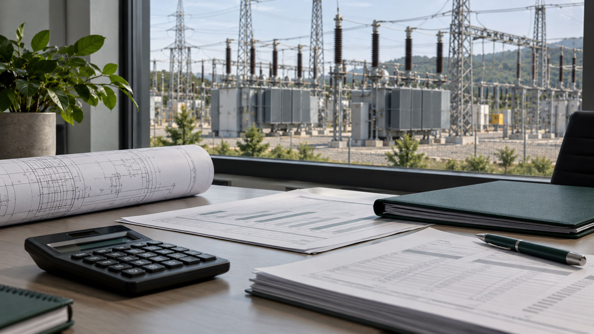 Elektrik trafo merkezi önündeki masada hesap makinesi, teknik çizimler ve finansal planlama belgeleri bulunan temsili sahne.