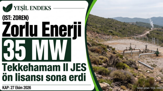 Zorlu Enerji’nin 35 MW planlanan Tekkehamam II jeotermal projesinin ön lisansının sona erdiğini gösteren Yeşil Endeks kartı, yanında jeotermal kuyu sahası görseli Zorlu Enerji’nin 35 MW planlanan Tekkehamam II jeotermal projesinin ön lisansının sona erdiğini gösteren Yeşil Endeks kartı, yanında jeotermal kuyu sahası görseli