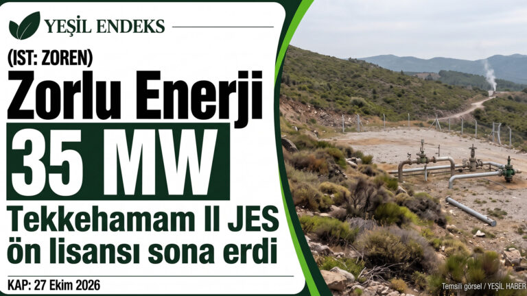 Zorlu Enerji’nin 35 MW planlanan Tekkehamam II jeotermal projesinin ön lisansının sona erdiğini gösteren Yeşil Endeks kartı, yanında jeotermal kuyu sahası görseli